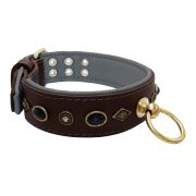 Motif with very impressive metal elements, oval black gemstone, and round carved stones, with carved diamonds and leather backing – KD01088/80/50/BR/12