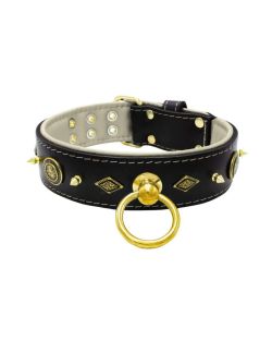 Motivo con impresionantes tachuelas de metal dorado de 10 mm, con un escudo redondo tallado y una forma de diamante tallada con soporte de cuero - KD01090/70/50/BK/09