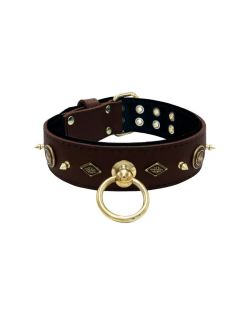 Motif with very impressive 10mm gold metal studs, featuring a carved round shield and a carved diamond shape with leather backing - KD01090/70/50/BR/01