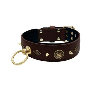 Motif with very impressive 10mm gold metal studs, featuring a carved round shield and a carved diamond shape with leather backing – KD01090/70/50/BR/01