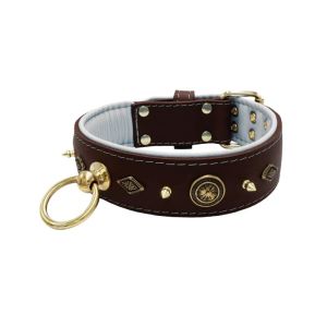 Motif with very impressive 10mm gold metal studs, featuring a carved round shield and a carved diamond shape with leather backing – KD01090/70/50/BR/02