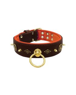 Motif with very impressive 10mm gold metal studs, featuring a carved round shield and a carved diamond shape with leather backing - KD01090/70/50/BR/11