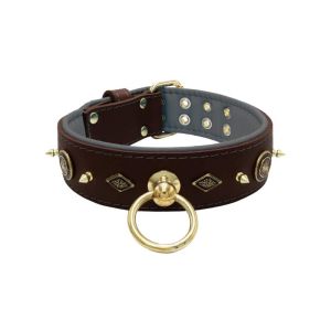 Motif with very impressive 10mm gold metal studs, featuring a carved round shield and a carved diamond shape with leather backing – KD01090/70/50/BR/12
