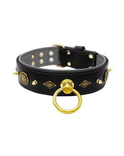 Motivo con impresionantes tachuelas de metal dorado de 10 mm, con un escudo redondo tallado y una forma de diamante tallada con soporte de cuero - KD01090/75/50/BK/12