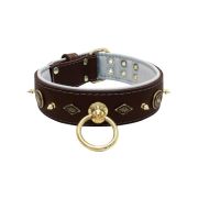 Motif with very impressive 10mm gold metal studs, featuring a carved round shield and a carved diamond shape with leather backing – KD01090/75/50/BR/02