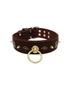 Motif with very impressive 10mm gold metal studs, featuring a carved round shield and a carved diamond shape with leather backing - KD01090/75/50/BR/08