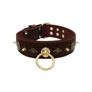 Motif with very impressive 10mm gold metal studs, featuring a carved round shield and a carved diamond shape with leather backing – KD01090/75/50/BR/08