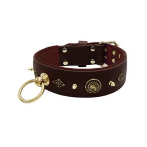 Motif with very impressive 10mm gold metal studs, featuring a carved round shield and a carved diamond shape with leather backing – KD01090/75/50/BR/08