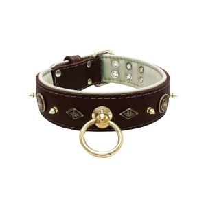 Motif with very impressive 10mm gold metal studs, featuring a carved round shield and a carved diamond shape with leather backing – KD01090/75/50/BR/09