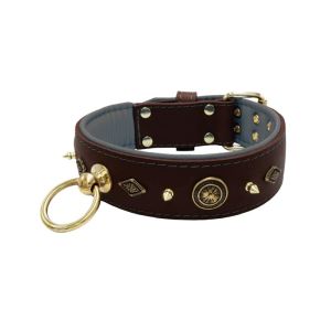 Motif with very impressive 10mm gold metal studs, featuring a carved round shield and a carved diamond shape with leather backing – KD01090/75/50/BR/12