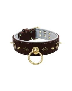 Motif with very impressive 10mm gold metal studs, featuring a carved round shield and a carved diamond shape with leather backing - KD01090/80/50/BR/02