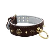 Motif with very impressive 10mm gold metal studs, featuring a carved round shield and a carved diamond shape with leather backing – KD01090/80/50/BR/02
