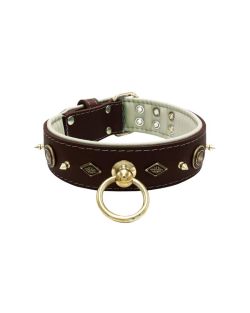 Motif with very impressive 10mm gold metal studs, featuring a carved round shield and a carved diamond shape with leather backing - KD01090/80/50/BR/09