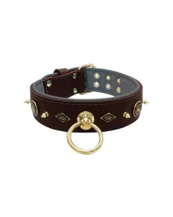 Motif with very impressive 10mm gold metal studs, featuring a carved round shield and a carved diamond shape with leather backing - KD01090/80/50/BR/12