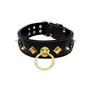 Motif with very impressive 10mm gold metal studs, a shield with 6 round rhinestones, and metal pyramids with leather backing – KD01091/70/50/BK/01