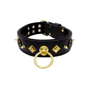 Motif with very impressive 10mm gold metal studs, a shield with 6 round rhinestones, and metal pyramids with leather backing – KD01091/70/50/BK/01