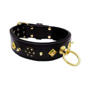 Motif with very impressive 10mm gold metal studs, a shield with 6 round rhinestones, and metal pyramids with leather backing – KD01091/70/50/BK/01