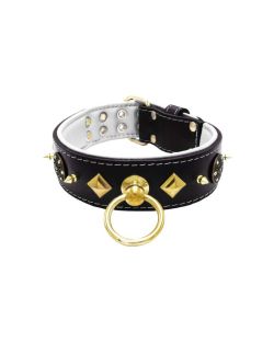 Motif with very impressive 10mm gold metal studs, a shield with 6 round rhinestones, and metal pyramids with leather backing - KD01091/70/50/BK/02