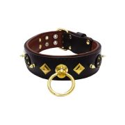 Motif with very impressive 10mm gold metal studs, a shield with 6 round rhinestones, and metal pyramids with leather backing – KD01091/70/50/BK/08