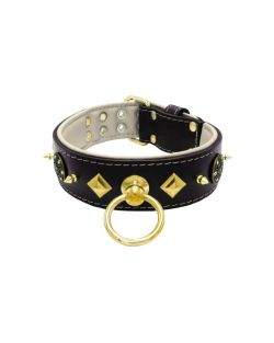 Motivo con impresionantes tachuelas de metal dorado de 10 mm, un escudo con 6 strass redondos y pirámides metálicas con soporte de cuero - KD01091/70/50/BK/09