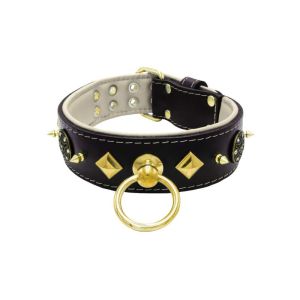 Motif with very impressive 10mm gold metal studs, a shield with 6 round rhinestones, and metal pyramids with leather backing – KD01091/70/50/BK/09
