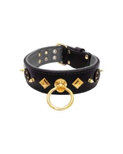Motivo con impresionantes tachuelas de metal dorado de 10 mm, un escudo con 6 strass redondos y pirámides metálicas con soporte de cuero - KD01091/70/50/BK/12