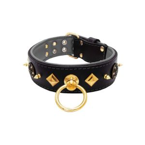 Motif with very impressive 10mm gold metal studs, a shield with 6 round rhinestones, and metal pyramids with leather backing – KD01091/70/50/BK/12