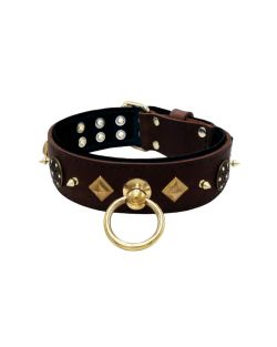 Motif with very impressive 10mm gold metal studs, a shield with 6 round rhinestones, and metal pyramids with leather backing - KD01091/70/50/BR/01
