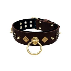 Motif with very impressive 10mm gold metal studs, a shield with 6 round rhinestones, and metal pyramids with leather backing – KD01091/70/50/BR/01