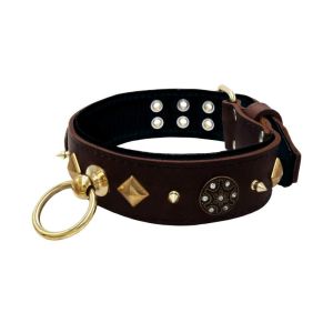 Motif with very impressive 10mm gold metal studs, a shield with 6 round rhinestones, and metal pyramids with leather backing – KD01091/70/50/BR/01