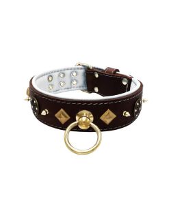Motivo con impresionantes tachuelas de metal dorado de 10 mm, un escudo con 6 strass redondos y pirámides metálicas con soporte de cuero - KD01091/70/50/BR/02