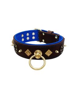 Motif with very impressive 10mm gold metal studs, a shield with 6 round rhinestones, and metal pyramids with leather backing - KD01091/70/50/BR/03