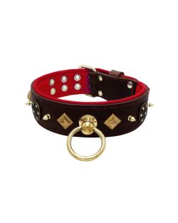Motivo con impresionantes tachuelas de metal dorado de 10 mm, un escudo con 6 strass redondos y pirámides metálicas con soporte de cuero - KD01091/70/50/BR/04