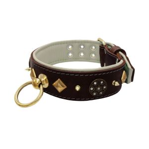 Motif with very impressive 10mm gold metal studs, a shield with 6 round rhinestones, and metal pyramids with leather backing – KD01091/70/50/BR/09