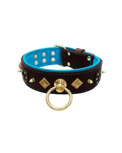 Motif with very impressive 10mm gold metal studs, a shield with 6 round rhinestones, and metal pyramids with leather backing - KD01091/70/50/BR/14