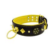 Motif with very impressive 10mm gold metal studs, a shield with 6 round rhinestones, and metal pyramids with leather backing – KD01091/75/50/BK/06