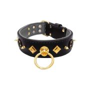 Motif with very impressive 10mm gold metal studs, a shield with 6 round rhinestones, and metal pyramids with leather backing – KD01091/75/50/BK/12