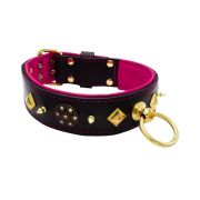 Motif with very impressive 10mm gold metal studs, a shield with 6 round rhinestones, and metal pyramids with leather backing – KD01091/75/50/BK/13