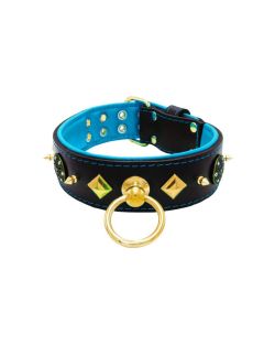Motif with very impressive 10mm gold metal studs, a shield with 6 round rhinestones, and metal pyramids with leather backing - KD01091/75/50/BK/14