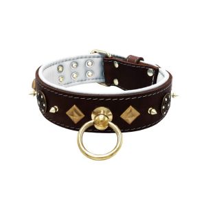 Motif with very impressive 10mm gold metal studs, a shield with 6 round rhinestones, and metal pyramids with leather backing – KD01091/75/50/BR/02