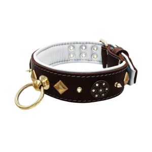 Motif with very impressive 10mm gold metal studs, a shield with 6 round rhinestones, and metal pyramids with leather backing – KD01091/75/50/BR/02