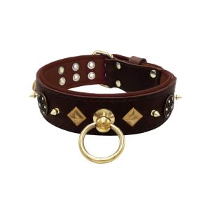 Motif with very impressive 10mm gold metal studs, a shield with 6 round rhinestones, and metal pyramids with leather backing – KD01091/75/50/BR/08