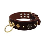 Motif with very impressive 10mm gold metal studs, a shield with 6 round rhinestones, and metal pyramids with leather backing – KD01091/75/50/BR/08