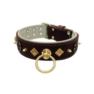 Motif with very impressive 10mm gold metal studs, a shield with 6 round rhinestones, and metal pyramids with leather backing – KD01091/75/50/BR/09