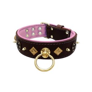 Motif with very impressive 10mm gold metal studs, a shield with 6 round rhinestones, and metal pyramids with leather backing – KD01091/75/50/BR/10