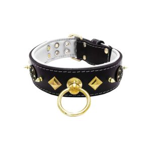Motif with very impressive 10mm gold metal studs, a shield with 6 round rhinestones, and metal pyramids with leather backing – KD01091/80/50/BK/02