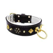 Motif with very impressive 10mm gold metal studs, a shield with 6 round rhinestones, and metal pyramids with leather backing – KD01091/80/50/BK/02