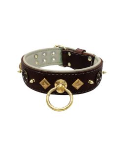 Motif with very impressive 10mm gold metal studs, a shield with 6 round rhinestones, and metal pyramids with leather backing - KD01091/80/50/BR/09